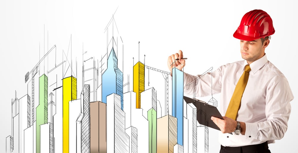 A young construction site worker in a red safety helmet happily sketching a colorful city sight, drawing lines, arrows, angles, cranes buildings with a pen in his hand