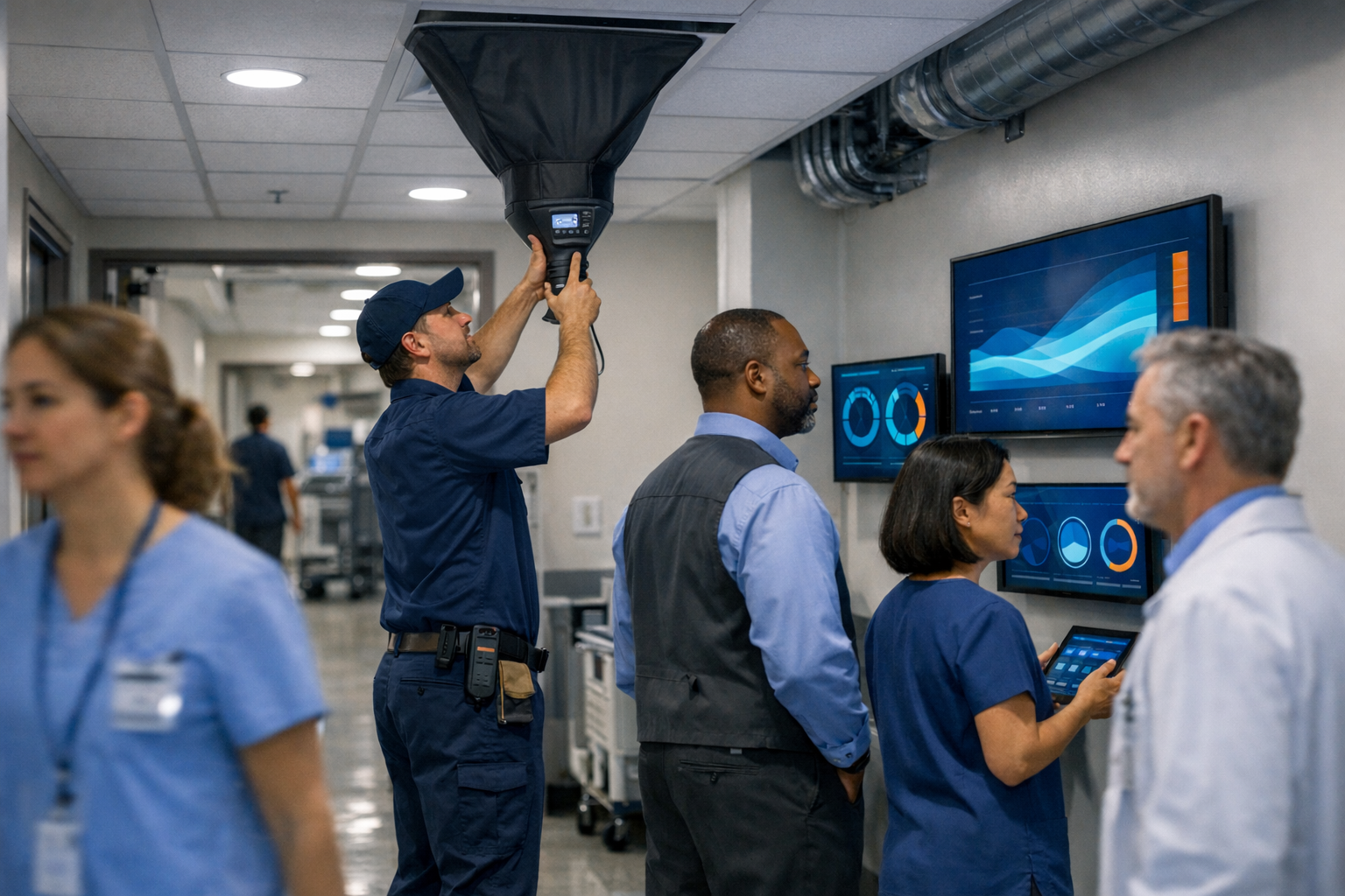 Hospital Technician Using Flowhood for Airflow Monitoring