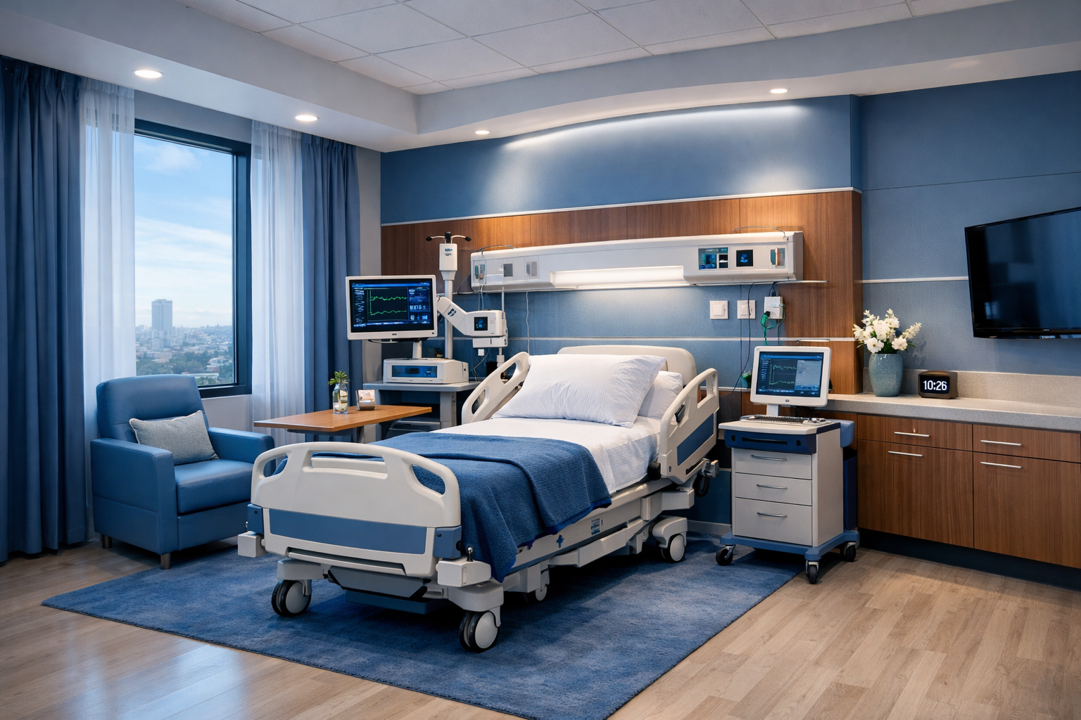 Hospital patient room with medical equipment, monitoring devices, and ventilation infrastructure.