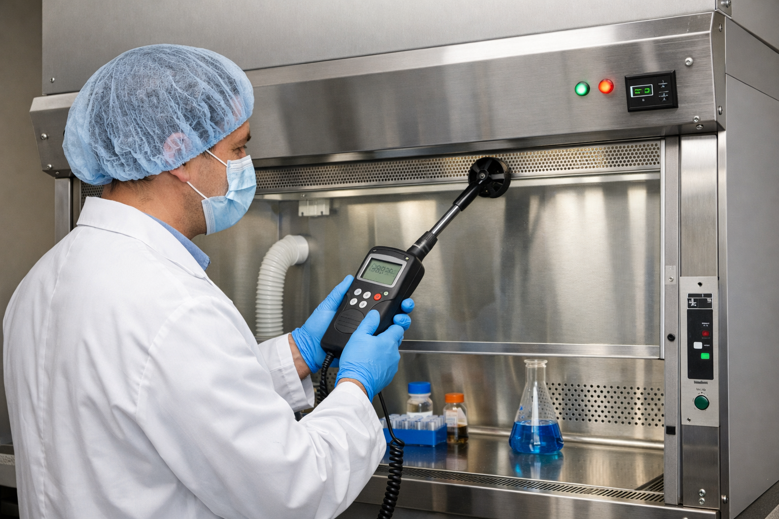 worker with safety hair net testing a commercial fume hood-3