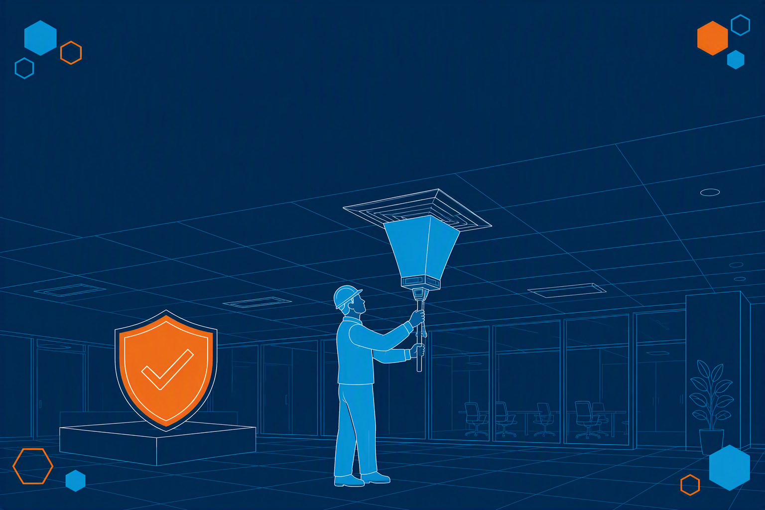 Flat illustration of a technician using a balancing flow hood at a ceiling diffuser beside a third-party certification badge, representing how to vet a qualified TAB contractor