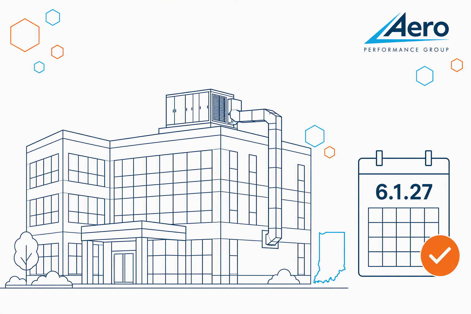 Flat illustration of a healthcare facility with rooftop ventilation equipment next to a calendar icon marked June 1, 2027, and an Indiana state outline, representing IDOH's adoption of the FGI 2026 Guidelines.